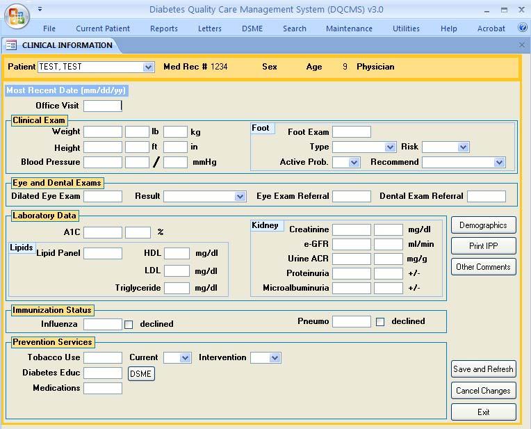 DATA ENTRY Clinical Information The Clinical Information Data Entry Screen is the main screen in the DQCMS application. To enter data, a patient must first be selected from the Patient pull-down list.