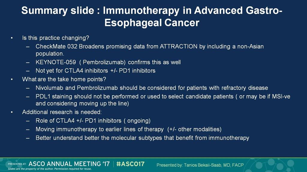 Summary slide : Immunotherapy in Advanced Gastro-Esophageal