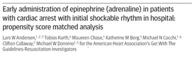 shock BMJ 216;353:1577-87 51% of patients received epi before 2 nd shock 87% of both groups received 2 nd defib Groups equal for total defibrillations (3)