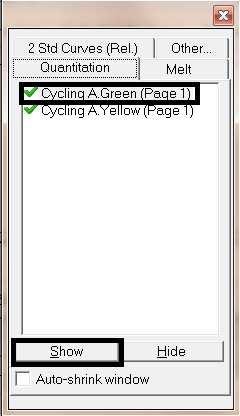 Data Analysis IC amplification analysis (Cycling A.Green (Fam) 1. Press Analysis and then select Quantitation Cycling A.Green (Cycling A.Fam) Show 2. Turn off the automatic option Threshold.