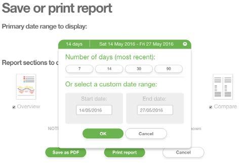 Click Patient List. Click the desired patient s name. Click Save or print report. Click anywhere on the green bar to select a date range. Click 7, 14, 30 or 90 for Number of days (most recent).