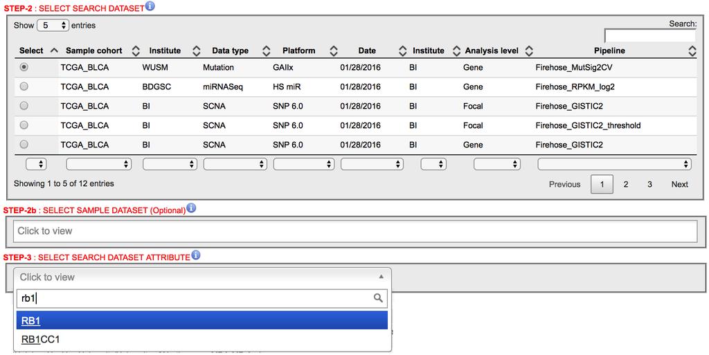 Type the gene name RB1 and the dropdown menu will show available attributes for the selected Mutation data type.