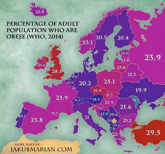 Europe Obesity - 2014 Blue more obese Men Purple more