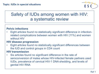 1. Tepper N et al. Safety of intrauterine devices among women with HIV: a systematic review. Contraception 2016; 94: 713 24.