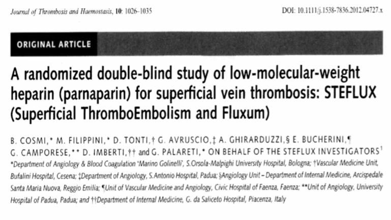 The typical study Arch of Int Med 2003 Double blind trial 427 pts with acute symptomatic SVT of the legs 3 groups: 1. SQ intermediate dose enoxaparin daily 2. SQ enoxaparin 1.5 mg/kg daily 3.