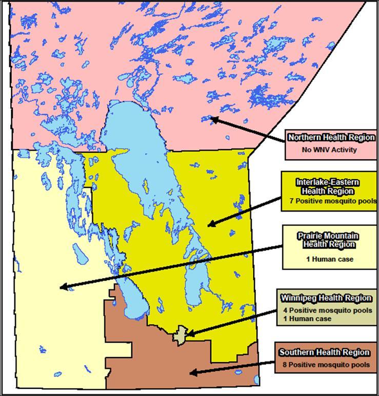 Figure 1 WNV activity by Health Region within Manitoba (current to Week 34).