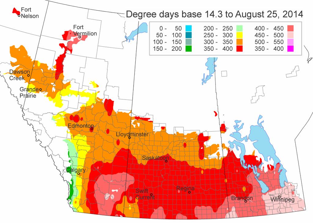 Source: Map produced courtesy of Agriculture and Agri-Food Canada. Figure 3 - Degree day accumulations, as of Week 34, across the Prairie Provinces.
