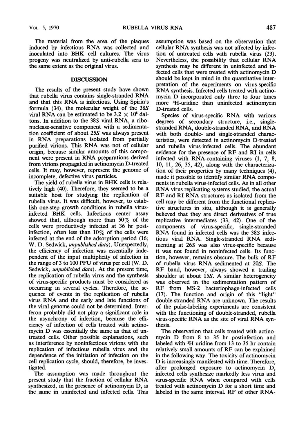 VOL. 5, 197 RUBELLA VIRUS RNA 487 The material from the area of the plaques induced by infectious RNA was collected and inoculated into BHK cell cultures.