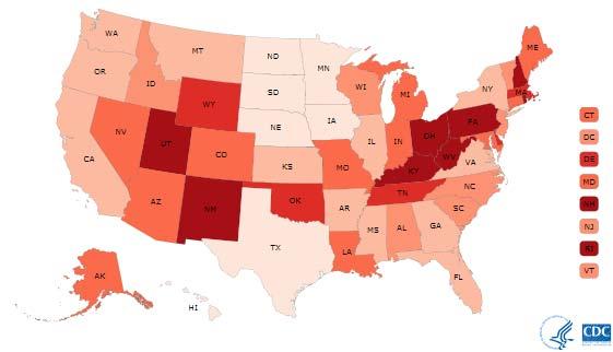 Drug overdose deaths by state, US 2014 Number and age-adjusted rates 2/3 of All Deaths are Directly Related to Prescription Opioids 18,000 Opioid Analgesic