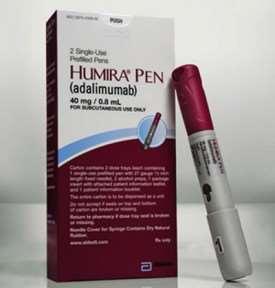 Humira Administering Pen Clear/colorless liquid No particles Front of thighs/lower abdomen Clean area Gently squeeze skin and hold firmly Hold pen at 90 degree angle Push plum