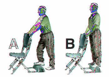 Knee Bend: (thighs) Begin this exercise by standing at one side of the chair and holding the Balance Bar with one hand (fig. A).