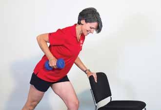 3. Dumbbell row (upper back) 1. Stand at the side of a chair or low table. 2. Place one foot in front of the other, knees slightly bent. 3.