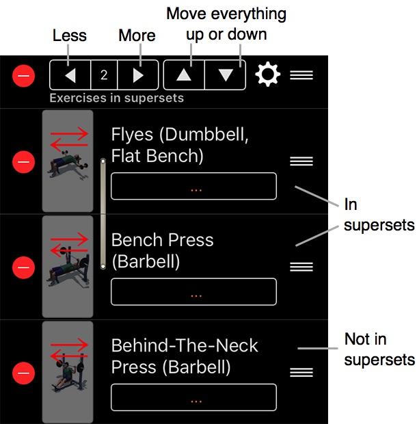 3.3 Supersets When you tap + Supersets, GymGoal adds a superset header to your routine. Several exercises under this header will make supersets. How many exercises you indicate in this header.