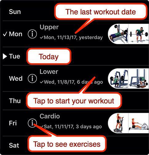 4.2 Using schedule When you have the schedule, it is shown on Home page instead of the instructional videos. The schedule shows workout and off days of your cycle. A triangle indicates today s day.