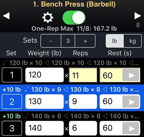 5.4 Exercise with sets (weight-lifting) One-Rep Max under the Performed switch shows your best 1RM and the date it was recorded.