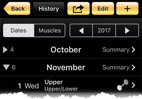 6 History 6.1 Dates When Dates is selected, History screen shows all workouts for the selected year. Tap to email your workout history for review and printing or for importing to a spreadsheet.