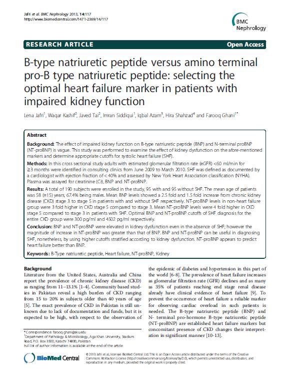 NP s in CKD BNP and NT-proBNP were elevated in kidney dysfunction even in the absence of systolic heart failure (SHF). NT-proBNP elevated more than BNP.