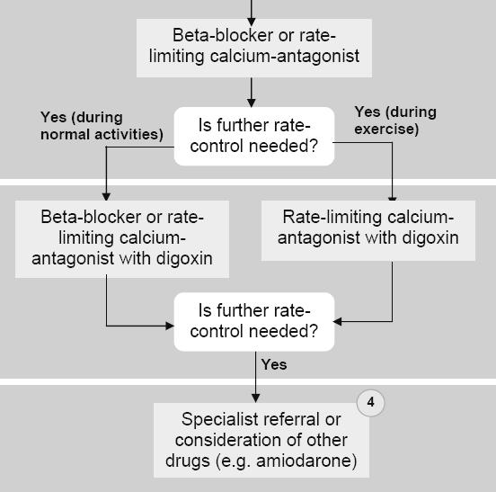 Rate control NICE beta-blockers or rate limiting calcium antagonists should be administered as the preferred initial monotherapyin all patients digoxinshould only