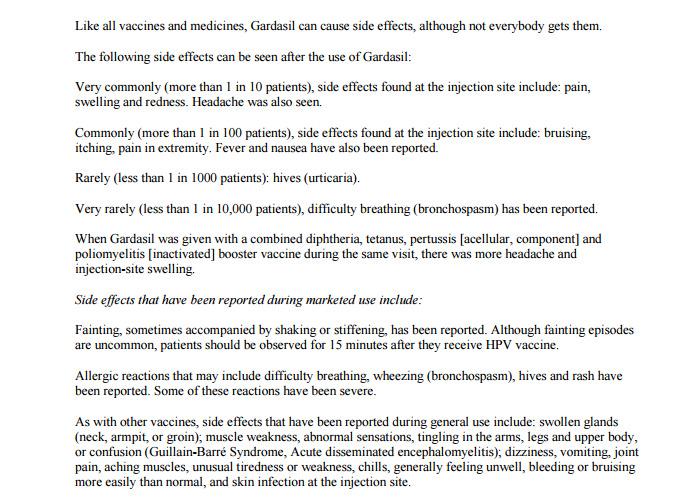 Gardasil side effects Side effects seen after use => Scientific evidence of