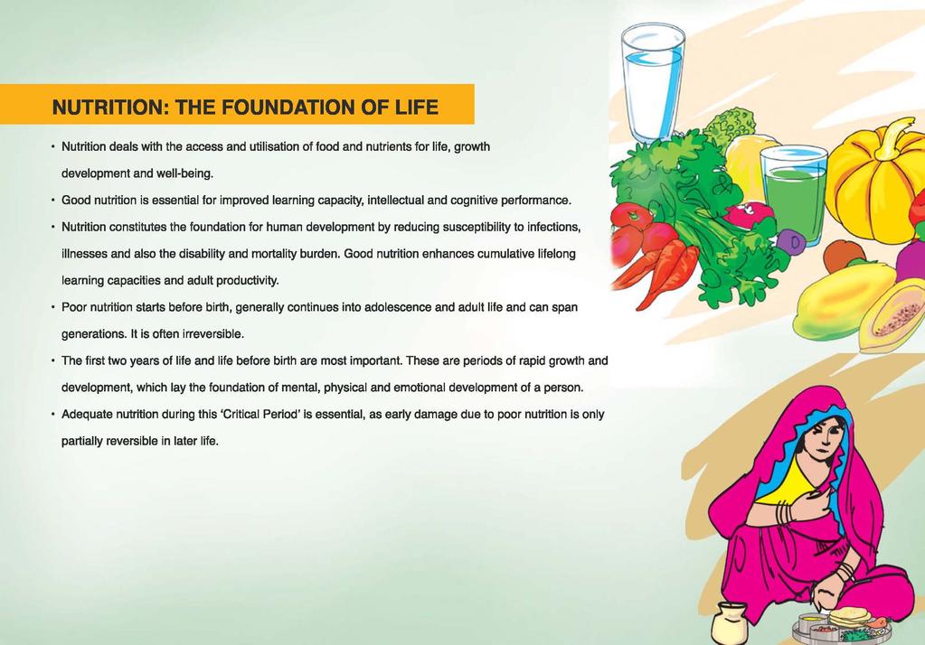 NUTRITION: THE FOUNDATION OF LIFE Nutrition deals with the access and utilisation of food and nutrients for life, growth development and well-being.