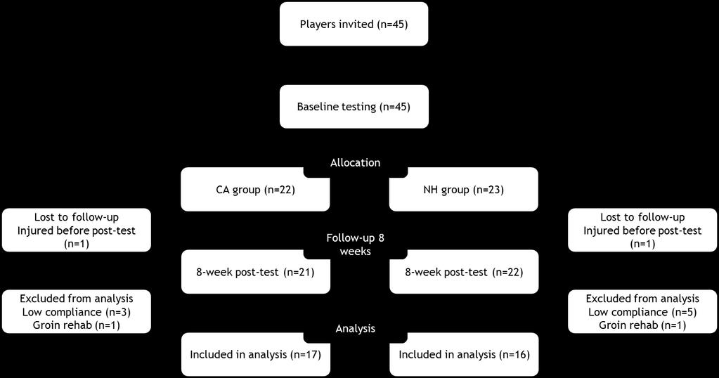 two players, one in each group, were excluded from the analyses due to intensive hip adductor rehabilitation of groin injury suffered during the study period.