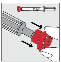 Pull the red cap off the tip of the syringe and dispose of it safely. Step 3 Using the finger and thumb gently pinch and pull back the child s cheek.