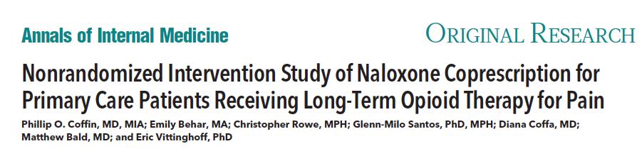 Objective: To evaluate the feasibility and effect of implementing naloxone prescription to patients prescribed opioids for chronic pain at 6 safety-net primary care clinics Results 38% of 1985