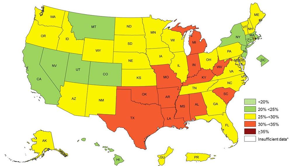 Prevalence of Self-Reported Obesity Among U.S. Adults by State and Territory, BRFSS, 2011 Prevalence estimates reflect BRFSS methodological changes started in 2011.