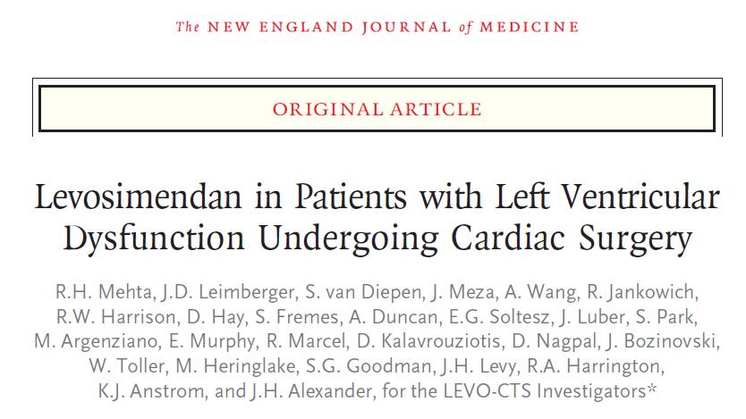 High-risk Cardiac Surgery Prophylactic Inotropes 882 pts: EF < 35%, Levo vs. placebo LCOS; 18% Levo vs.