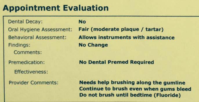 Behavioral Considerations 0 Patient did not enter clinic 1 Sat in chair, didn t allow exam 2 Allows brushing or visual exam 3 Allows instruments with assistance 4 Allows procedures