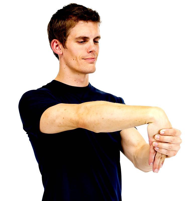Wrist Extensor Stretch Use your opposite hand to bend the target wrist down as shown.