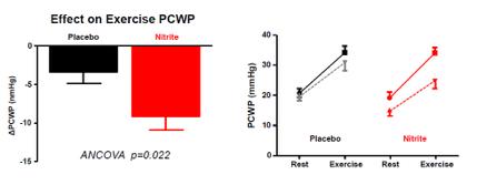 Inhaled Sodium Nitrite Improves Rest and Exercise Hemodynamics in HFpEF In a double-blind, randomized, placebo-controlled, parallel-group trial, subjects with HFpEF (n=26) underwent cardiac