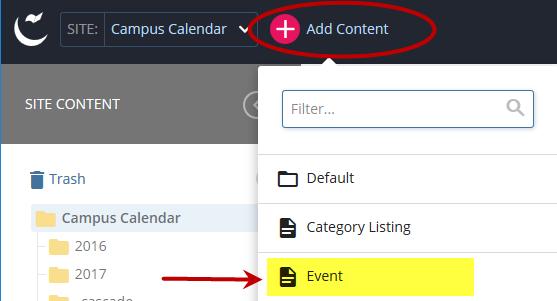 Creating the Actual Event Once you have selected the appropriate folder, you will need to create a new event within that folder. Click at the top of the page. Select Event from the dropdown list.