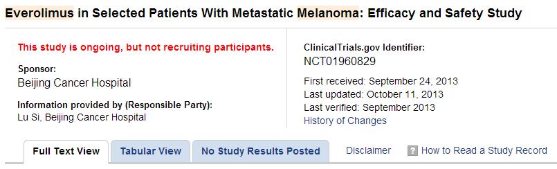 mtori Registered Clinical trial The phase II trial of mtori for advanced melanomas with mtor mutation Open label, one arm