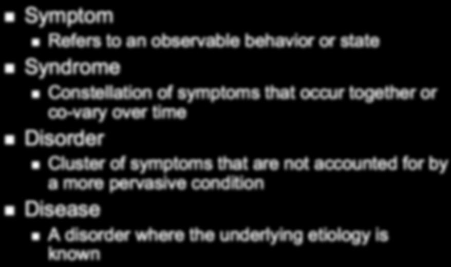or state Syndrome Constellation of symptoms that occur together or co-vary over time Disorder Cluster of