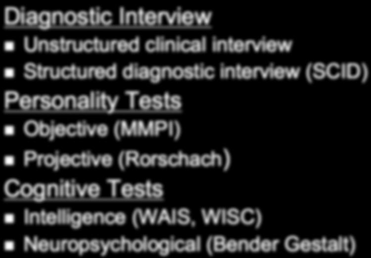 Assessments Diagnostic Interview Unstructured clinical interview Structured diagnostic interview (SCID) Personality Tests Objective (MMPI)