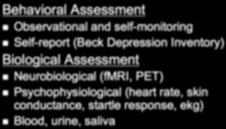 Observational and self-monitoring Self-report (Beck Depression Inventory) Biological Assessment Neurobiological (fmri, PET)