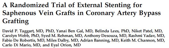 VEST I [ATS 2015] o 30 patients undergoing CABG x 3 (IMA + SVG x2) o One SVG randomized to Stent other SVG act as Control o All had excellent flow prior to chest closure (TTFM measurement) o 1 year