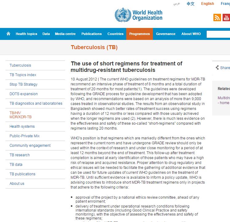 Shorter regimens for MDR-TB (1) WHO advice to countries (since 2012): 1.