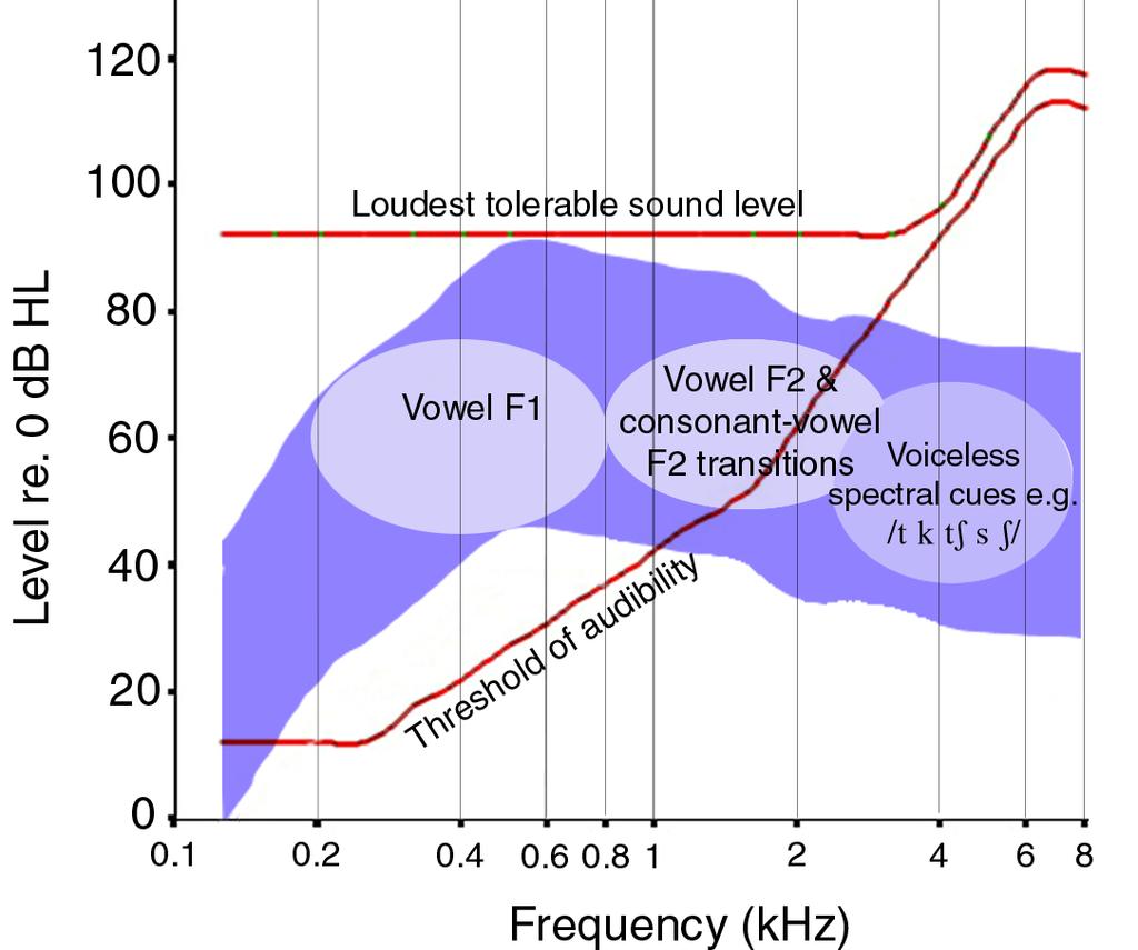 Speech energy and audibility blue: the energy range of speech according to frequency relative to the normal threshold of hearing.