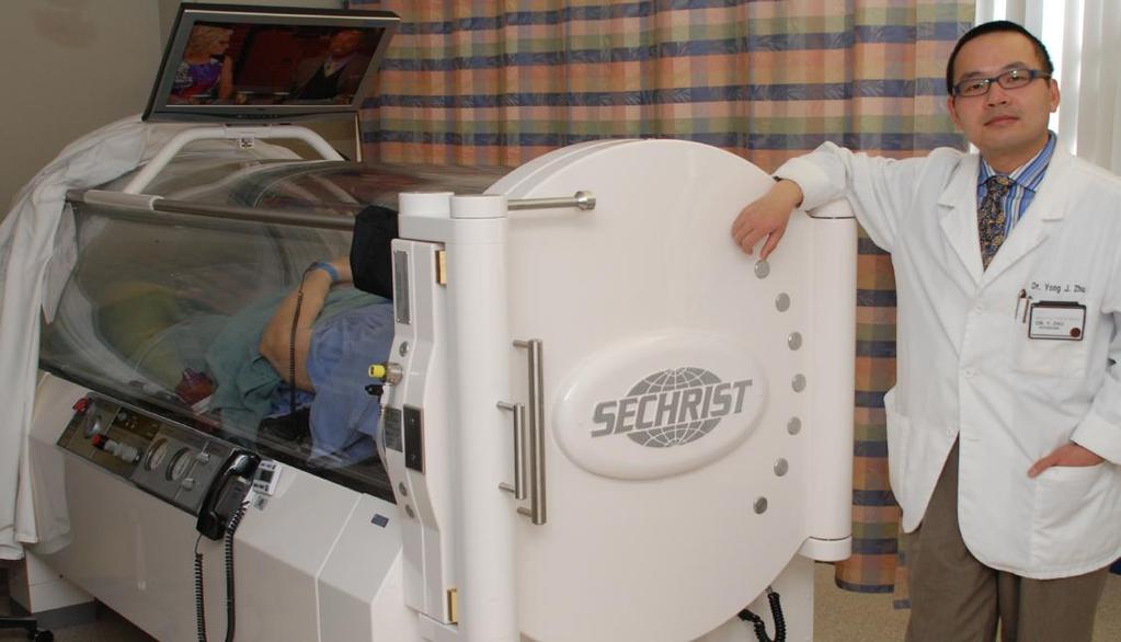 Hyperbaric chambers provide the ideal environment for accelerated healing. Patients breathe 100% oxygen. The more oxygen there is, the more healing that takes place, Dr. Zhu explains.