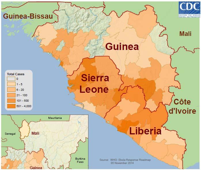 2014 Ebola Outbreak Total cases in Guinea, Liberia, and Sierra Leone as of November 7, 2014 This is the largest Ebola epidemic in history CDC s response