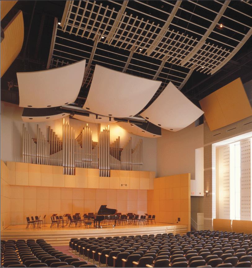 Music Sound-absorbing tiles in this auditorium reduce unwanted reflections.