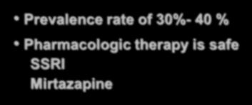 Depression Prevalence rate of 30%- 40 % Pharmacologic therapy is safe SSRI Mirtazapine Muscle Cramps Major factor in poor
