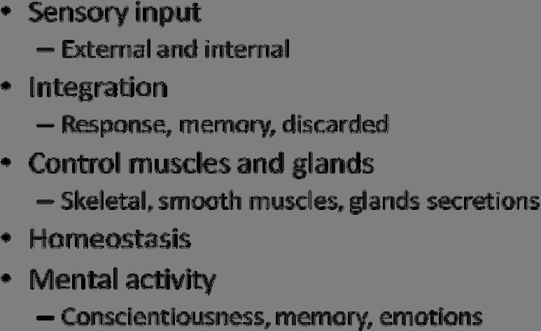 1. NERVOUS SYSTEM FUNCTION The major function of the nervous system can be summarized as follows (Figure 1-1). Sensory input.