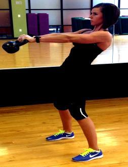 Kettlebell Hip Thrusts >25 lbs 3 1. Stand upright with a wide stance and stiff (slightly bent) s. 2. Hold one kettlebell by the handle between s with arms fully extended down. 3. Lean forward and swing kettlebell back between s.