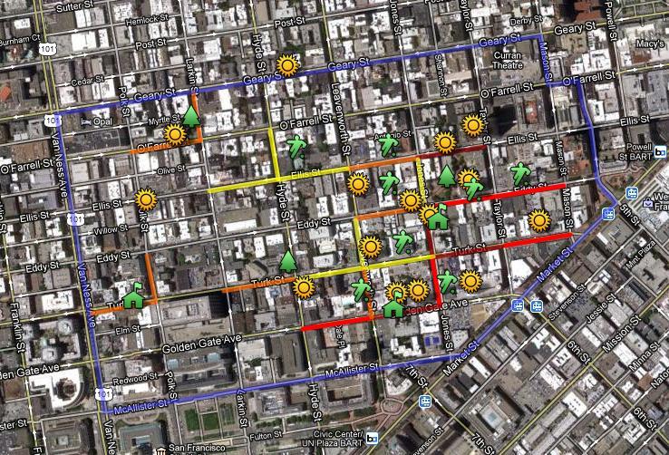 MAP OF CIGARETTE LITTER FOUND IN THE TENDERLOIN Bright red line over 150 cigarette butts collected Dark red line over 100 cigarette butts