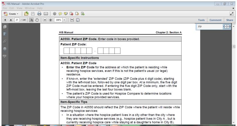HIS NEW ITEMS Patient Zip Code Admission Record Section A: A0550 Address where patient resides