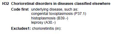 Disorders of choroid and retina H32 Entire Section Code First: You must code underlying disease before you code chorioretinal disorder Excludes1 code means you cannot code these diagnoses together