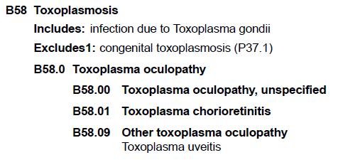 Toxoplasmosis Scarring of Choroid OS Tabular Lookup Toxoplasmosis scar of choroid code found